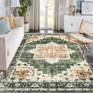 Area Rug 4x6 Washable Soft Rug Vintage Distressed Rug Ultra-Thin Throw Rug Non Slip Living Room Rug Indoor Floor Cover for Dining Room Bedroom, Green