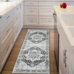 Runner Rug 2x6 Vintage Rug for Entryway Hallway Floor Cover Print Carpet Distressed Vintage Area Rug Machine Washable Foldable Accent Rug, 2’x6’, Grey