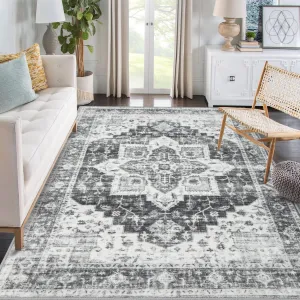 Area Rug 9x12 Non-Slip Vintage Low Pile Rugs Washable Rug Indoor Floor Cover Print Distressed Carpet Non-Shedding Oriental Area Rug for Living Room Bedroom