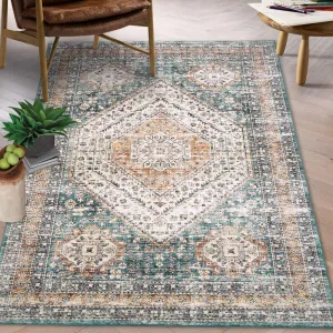 4x6 Area Rug Vintage Rug Soft Thin Bedroom Carpet Distressed Non Slip Kitchen Mat Traditional Non Shedding Throw Rug Machine Washable Floral Print Rug Floor Cover for Living Room, Green