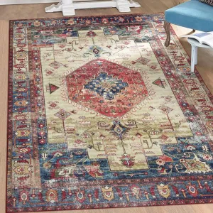 Area Rug 5x7 Vintage Rug Machine Washable Throw Rug for Bedroom Living Room Soft Thin Non Slip Floor Carpet Distressed Oriental Floorcover for Dining Room Home Office Decor, Brick Red