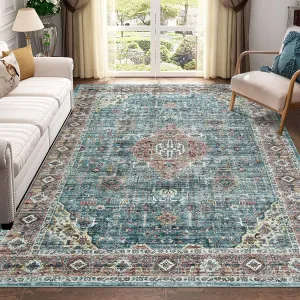 Large Living Room Rug 10x13 Washable Stain Resistant Indoor Carpet Green Vintage Floral Low Pile