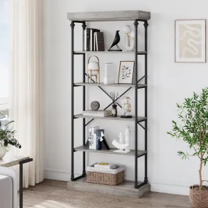 6 Tier Industrial Bookshelf Wood Storage Open Rack Metal Frame Rustic Tall Standing Bookcase for Bedroom, Living Room, Home Office