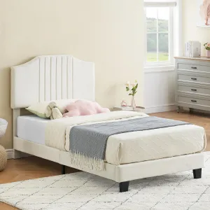 White Twin Bed Frame for Girls, Upholstered with Headboard, Strong Wooden Slats, Velvet Fabric, No Box Spring Needed, Easy Assembly