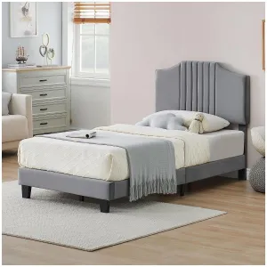 Twin Bed Frame Upholstered Platform + Velvet Fabric + Strong Frame + Wooden Slats Support + Non-Slip + Noise-Free + Grey + Easy Assembly