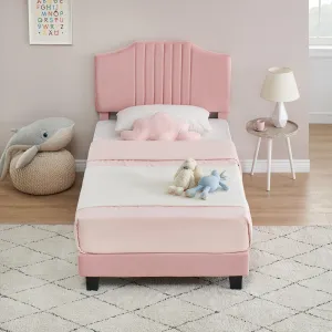 Twin Bed Frame Upholstered Platform + Velvet Fabric + Non-Slip, Noise-Free + Wooden Slats Support + Light Pink + Easy Assembly + Kids Bedroom