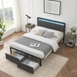 Full Size Bed Frame with Storage Drawers, LED Lights, Linen Upholstered, Metal Slats, Easy Assembly, Dark Grey