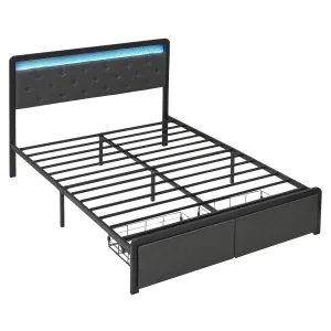 Queen Bed Frame with Drawers, Upholstered Platform, Storage & LED Lights, Linen Fabric, Metal Slats, Easy Assembly, Dark Grey