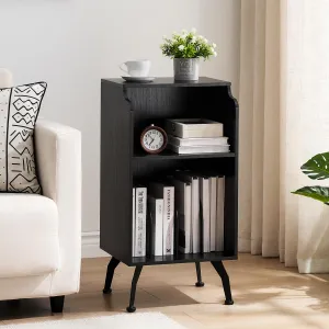 End Table with 3-Tier Storage Space, Vintage Side Table with Curved Edge and 4 Solid Metal Legs for Living Room, Bedroom and Couch - Black