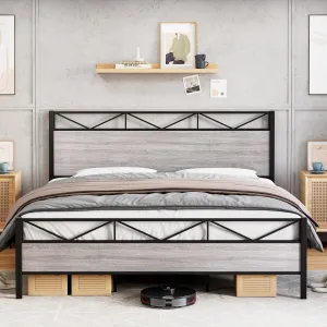 2024 New Bed Frame Queen Size, with Rustic Wood Headboard and Footboard, Sturdy Steel Slat Support, Noise Free, No Box Spring Needed, Easy Assembly (Light Grey, Queen)