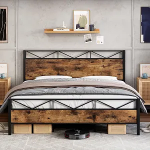 2024 New Bed Frame Queen Size, with Rustic Wood Headboard and Footboard, Sturdy Steel Slat Support, Noise Free, No Box Spring Needed, Easy Assembly (Vintage Brown, Queen)