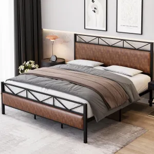 Full Size Bed Frame with PU Leather Headboard＆Footboard, Upholstered Platform Bed with 14 Strong Metal Slats, 11" Under-Bed Storage, Noise-Free, Easy Assembly, Brown