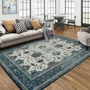 Machine Washable Rug 8x10 Vintage Design Area Rugs with Non Slip Rugs for Living Room Bedroom Floral Print Rug Carpet Stain Resistant, Blue