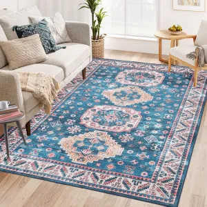 Machine Washable Rug Navy Blue 8x10 Area Rugs for Living Room Bedroom Large Indoor Carpet Oriental Area Rug Oriental Rug Boho Distressed Area Rug for Bedroom Kitchen Home Office