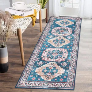 Farmhouse Vintage Area Rug 2x3 Oriental Distressed Small Entryway Rug Doormat Boho Tribal Area Rugs Non-Slip Washable Floor Carpet for Indoor Front Entrance Kitchen Bathroom 2'x3' Blue/Fuchsia