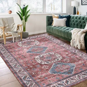 Vintage Washable Area Rug 3x5 Boho Rug Faux Cashmere Non Slip Rugs for Living Room Bedroom Oriental Rug Mat Stain Resistant Throw Rug Kitchen Dining Home Office