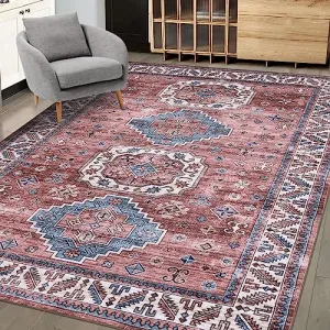 Large Living Room Rug 6x9 Vintage Area Rug Machine Washable Rug Non Slip Distressed Rug Indoor Retro Accent Rug Oriental Rug for Bedroom Kitchen Home Office, Pink 6' x 9'