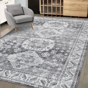 Large Living Room Rug 6x9 Vintage Area Rug Machine Washable Rug Non Slip Distressed Rug Indoor Retro Accent Rug Oriental Rug for Bedroom Kitchen Home Office, Grey 6' x 9'