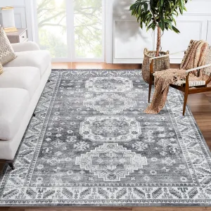 Boho Vintage Washable Area Rug 10x13 - Non Slip, Low Pile - 100% Polyester - Machine Washable, Durable - Indoor Living Room, Bedroom Accent