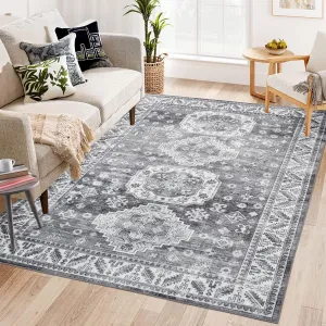 Vintage Washable Area Rug 5'x7' Boho Rug Faux Cashmere Non Slip Rugs for Living Room Bedroom Oriental Indoor Rug Mat Stain Resistant Throw Rug Kitchen Dining Home Office, Grey