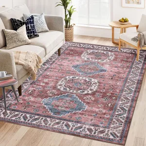 Vintage Washable Area Rug 5'x7' Boho Rug Faux Cashmere Non Slip Rugs for Living Room Bedroom Oriental Rug Mat Stain Resistant Throw Rug Kitchen Dining Home Office, Reddish Brown