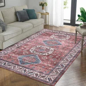 Oriental Pink 10x13 Area Rug Vintage Retro Boho Tribal Carpet, Machine Washable, Non-Slip, Durable Material, Pet & Kids Friendly, Indoor Living Room Bedroom