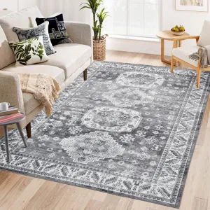 Vintage Washable Area Rug 3'x5' Boho Rug Faux Cashmere Non Slip Rugs for Living Room Bedroom Oriental Indoor Rug Mat Stain Resistant Throw Rug Kitchen Dining Home Office, Grey