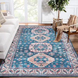 Rugs for Living Room 5x7 Rug Boho Area Rug Washable Rugs Vintage Oriental Rug Bedroom Decor Floor Mats Soft Distressed Rug Non Slip Non Shedding Office Rug for Nursery, Blue/Fuchsia 5'x7'