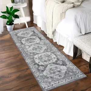 Vintage Washable Area Rug 2'x6' Runner Boho Rug Faux Cashmere Non Slip Rugs for Living Room Bedroom Oriental Indoor Rug Mat Stain Resistant Throw Rug Kitchen Dining Home Office, Grey