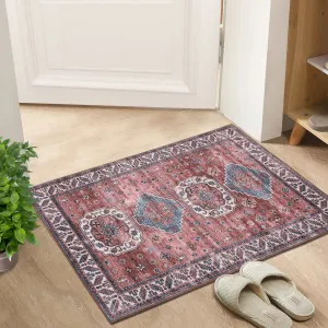 Vintage Washable Area Rug 2'x3' Doormat Boho Rug Faux Cashmere Non Slip Rugs for Living Room Bedroom Oriental Rug Mat Stain Resistant Throw Rug Kitchen Dining Home Office, Reddish Brown