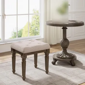 Vanity Stool Upholstered Ottoman Bench, Soft Cushion, Rustic Wood, Vintage Style, Easy Assembly, Beige, Living Room, Bedroom