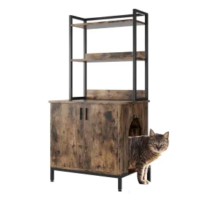 Litter Box Enclosure Cat Cabinet + Hidden Cat Litter Box + 2 Storage Shelves + Vintage Wood + Indoor Cat House + Rustic Brown