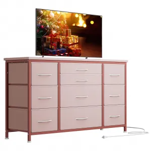 10 Drawers Dresser TV Stand with Power Outlet for 55'' Long TV Stand, Wide Dresser Console Table for Storage Entertainment Center in Closet, Living Room, Entryway, Wood Top,Pink