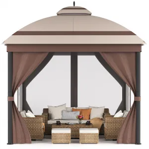 10'x12' Outdoor Gazebo with Roof Reinforcing Bars Curtains and Netting for Backyard Garden Patio Poolside Deck，Brown