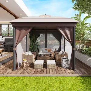 12'x12' Outdoor Gazebo with Roof Reinforcing Bars Curtains and Netting for Backyard Garden Patio Poolside Deck，Brown