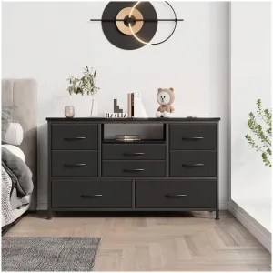 Wide Dresser with 8 Large Drawers for 55" Long TV Stand, Fabric Drawer for Bedroom with Power Outlet, Chests of Drawers for Bedroom, Living Room, Closet, Entryway, Living Room Storage - Black