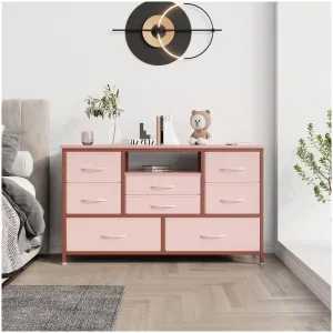 47'' Wide TV Stand with 8 Deep Drawers, Power Outlet & LED Light, Particle Board & Iron Frame, Adjustable Feet, Pink