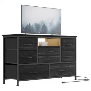 8 Dresser TV Stand with Power Outlet & LED for 55'' TV, Long Dresser for Bedroom with 8 Deep Drawers, Wide Console Table for Storage in Closet, Living Room, Entryway, Wood Top - Charcoal Black