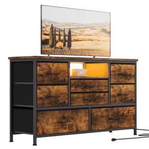 8 Dresser TV Stand with LED & Power Outlet, Deep Drawers, MDF Board, Wood Top, for Bedroom & Living Room