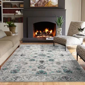 Area Rug 4x6 Floral Area Rug Machine Washable Medallion Oriental Rug for Living Room Bedroom Low Pile Non-Slip Throw Carpet Traditional Foldable Floor Cover Nursery Dorm Home Office