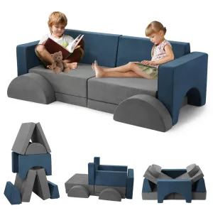 Kids Play Couch, 8PCS Toddler Couch Modular Kids Play Couch Sofa for Playroom Nursery, Kids Convertible Sofa with Removable Cover, Grey & Blue
