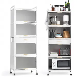 Kitchen Storage Cabinet with Wheels, 5-Tier Mobile Microwave Stand with Flip-up Doors, Freestanding Kitchen Bakers Rack for Kitchen, Dining Room, Living Room, White (23.6"W)