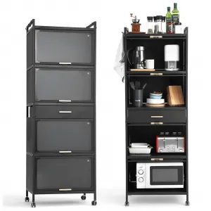 Kitchen Storage Cabinet with Wheels, 5-Tier Mobile Microwave Stand with Flip-up Doors, Freestanding Kitchen Bakers Rack for Kitchen, Dining Room, Living Room, Black (23.6"W)