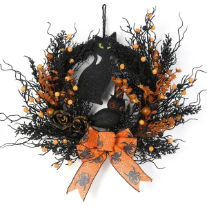22 Inch Halloween Fall Wreath for Front Door, Black Halloween Door Wreath with Owl, Black Cat, Artificial Rose, Window Wall Decor Cute Wreath Indoor Outdoor Gothic Wreath Decorations