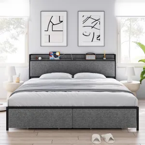 Queen Size Bed Frame with 2 Storage Drawers and Headboard, Upholstered Bed Frame Queen Size with Charging Station, No Box Spring Needed, Sturdy, Noiseless, Easy Assembly - Grey