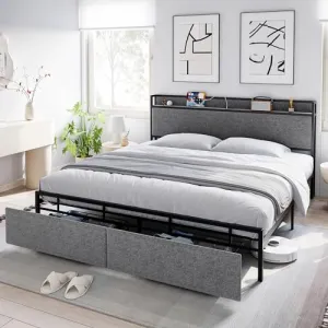 Full Size Bed Frame with 2 Storage Drawers and Headboard, Upholstered Bed Frame Full Size with Charging Station, No Box Spring Needed, Sturdy, Noiseless, Easy Assembly - Grey