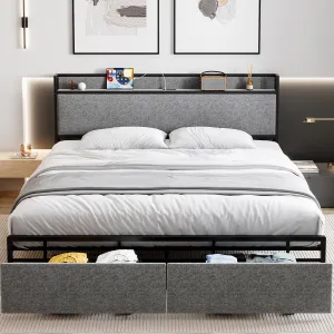 King Size Bed Frame, Storage Headboard with Charging Station, Platform Bed Frame with 2 Drawers, No Box Spring Needed, Easy Assembly, Gray