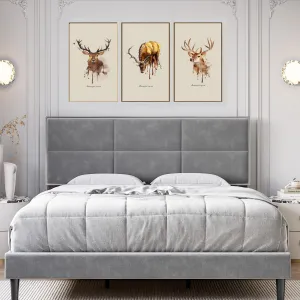 King Bed Frame Upholstered Platform, Bed Frame with Square Velvet Headboard, Wooden Slats Support, Non-Slip and Noise-Free, No Box Spring Needed, Easy Assembly - Light Gray - Full