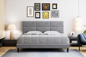King Bed Frame Upholstered Platform, Bed Frame with Square Velvet Headboard, Wooden Slats Support, Non-Slip and Noise-Free, No Box Spring Needed, Easy Assembly - Light Gray