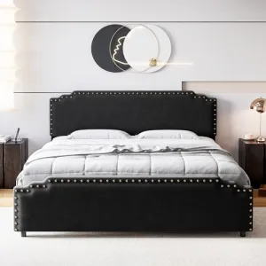 Queen Size Bed Frame, Velvet Upholstered Platform Bed Frame and Headboard with Rivet Decor, Strong Wood Slat Support, No Box Spring Needed, Easy Assembly (Black, Queen)